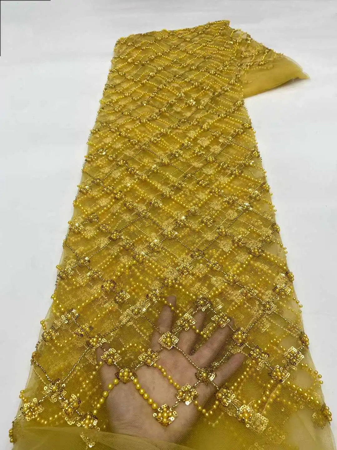 

Heavy Sequins Pearls French Mesh Tulle Wedding Embroidery African Nigerian Beaded Lace Fabric Luxury for Women Dress