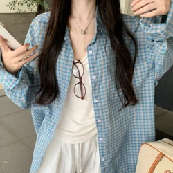 Blue Plaid Shirt for Female 2025 Spring New Design Korean Style Long-sleeved Shirt Streetwear Elegant Chic Woman Shirt