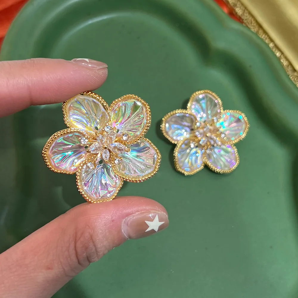 18K French colorful flower stud earrings elegant temperament niche design sense versatile senior national style S925 earrings wo
