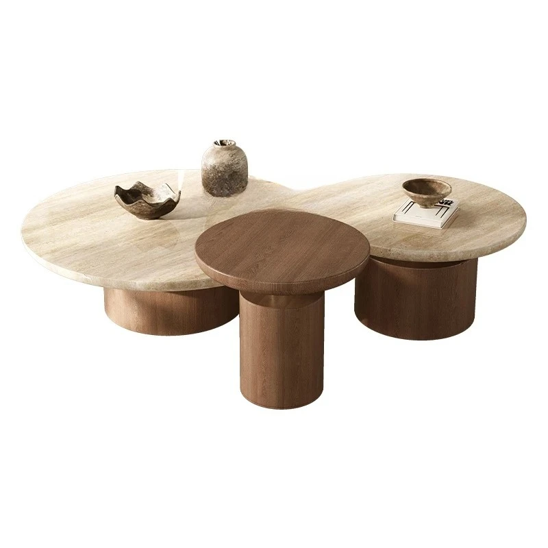 

Natural Travertine Coffee Table Combination Retro Solid Wood Round Tea Table Living Room Home Marble Advanced Sense