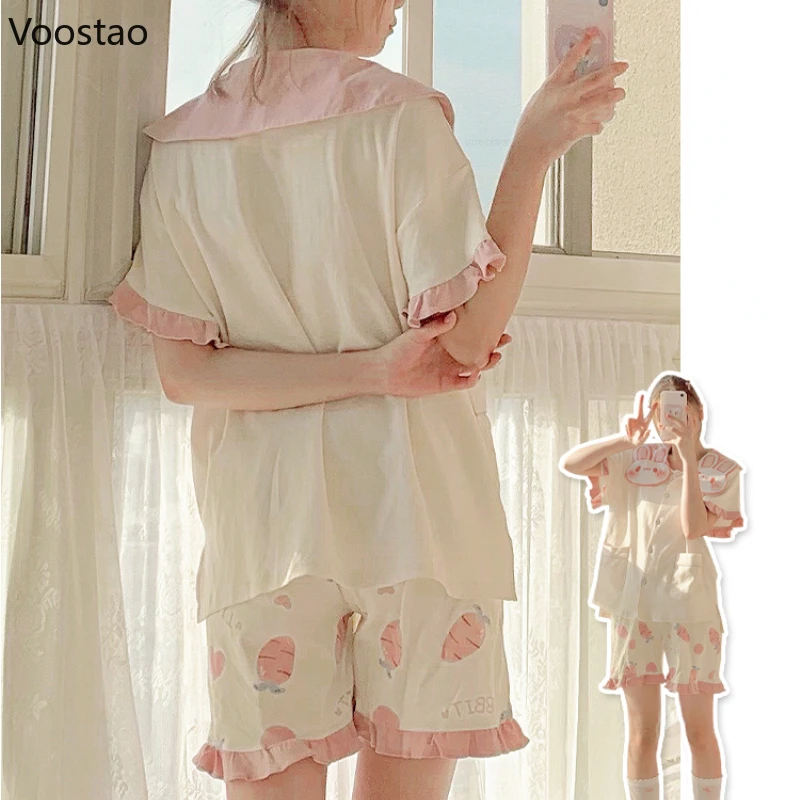 Sweet Lolita Princess Pajamas 2 Piece Sets Summer Women Cute Bunny Short Sleeve Tops Shorts Rabbit Sleepwear Female Chic Pyjamas