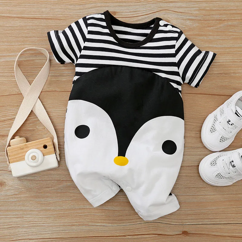 Summer Newborn Boys And Girls Cute Cartoon Penguin Full Print Comfortable Cotton Short Sleeve Jumpsuit