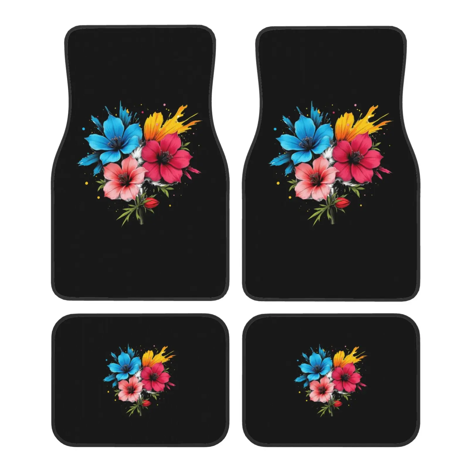 Natural Colorful Flower Print 4pcs Car Floor Mats Set of 4pcs Non-Slip Absorbent Polyester Foot Mats Auto Interior Accessories
