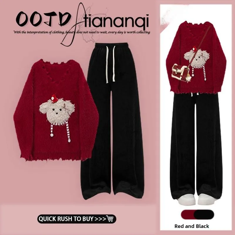 

Retro American Hole Knitted Sweater Women's Autumn Winter New Sle V-ne Knitted Casual Pants Set High Waist Dstring Str...