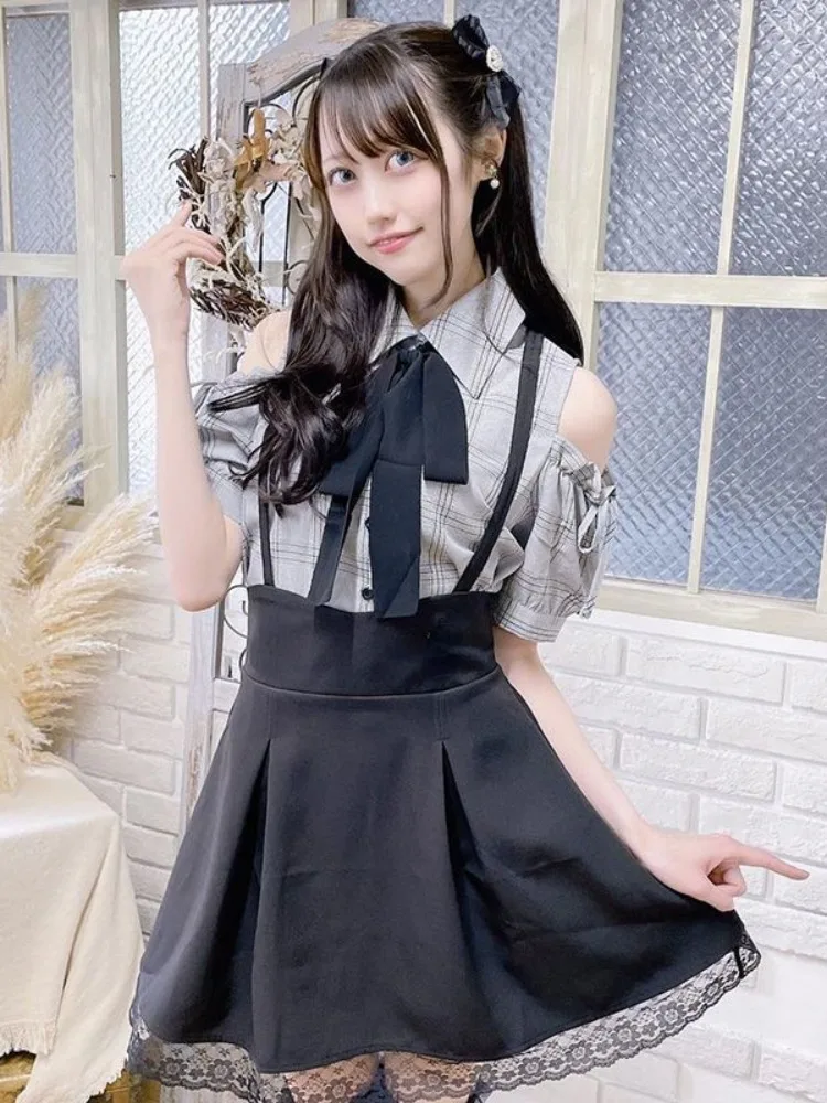 

Japanese Kawaii Girl Sweet Cute Lolita Shirt Summer Y2k Aesthetic Plaid Hollow Out Blouse Tops Women Jk Loose Bow Blusas Femme