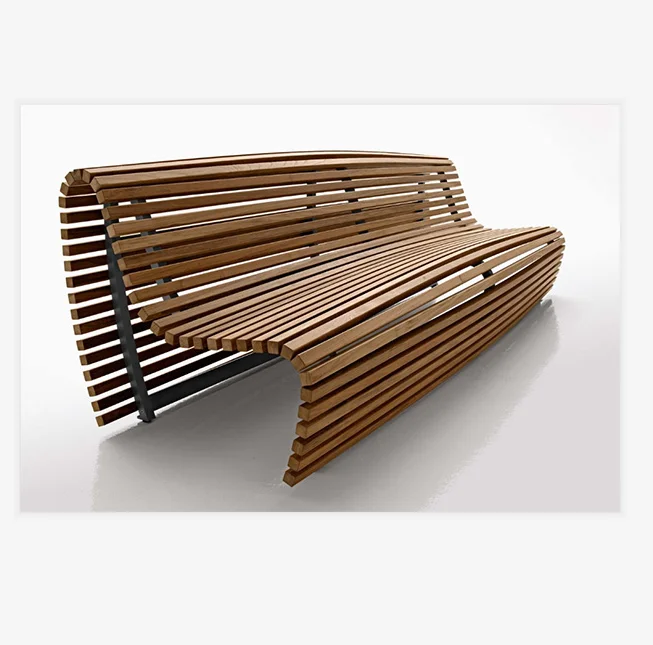 

New Design Irregularly Shaped Wood Strips Metal Frame Bench For Outdoor Use