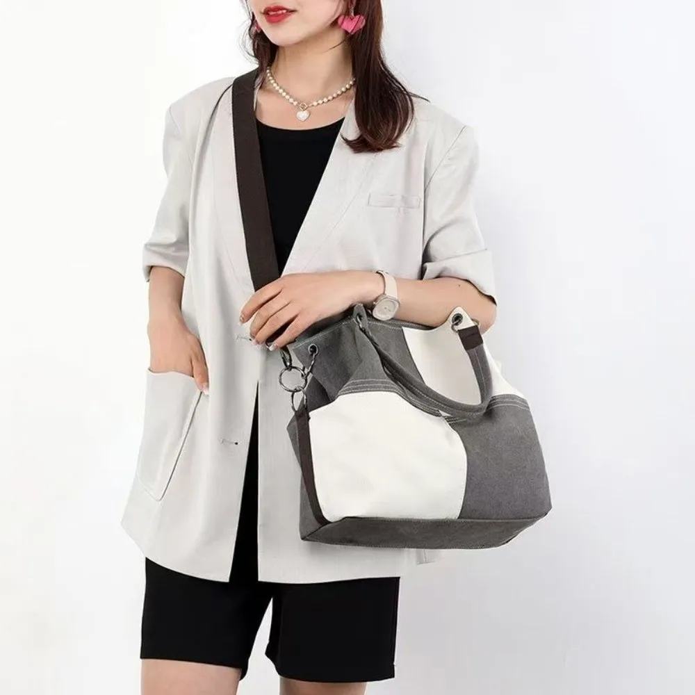 

Simple Design Retro Canvas Shoulder Bag Patchwork Style Soft Shoulder Crossbody Bag All-match Large Capacity Color-block Handbag