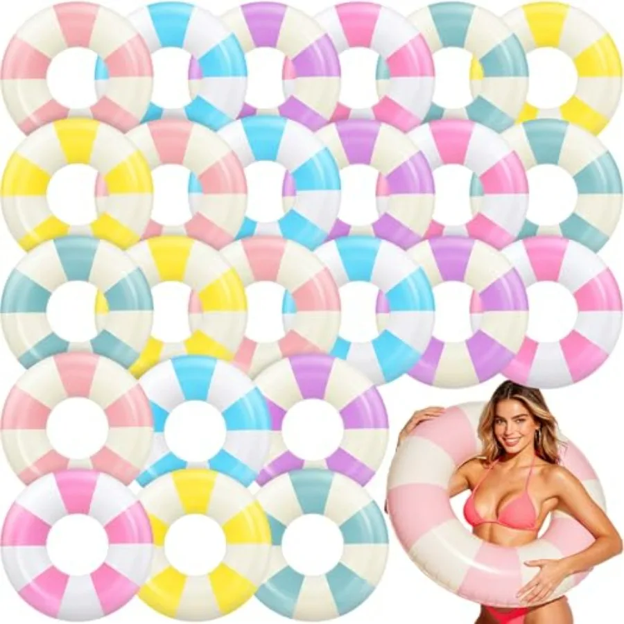 

Inflatable Pool Tubes for Adults: 30-inch Swim Float Rings, PVC Material, Bright Multicolor, Extra-Sturdy Dual-Air-Chamber Desi