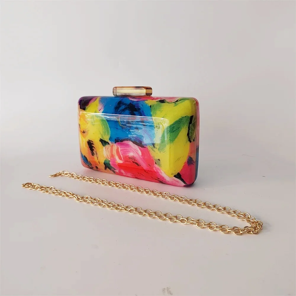 Unique Custom Flower Ink Cocktail  Acrylic Colorful Box Evening Summer Jelly Bag Purse Handbags For Women Female Acrylic Clutch