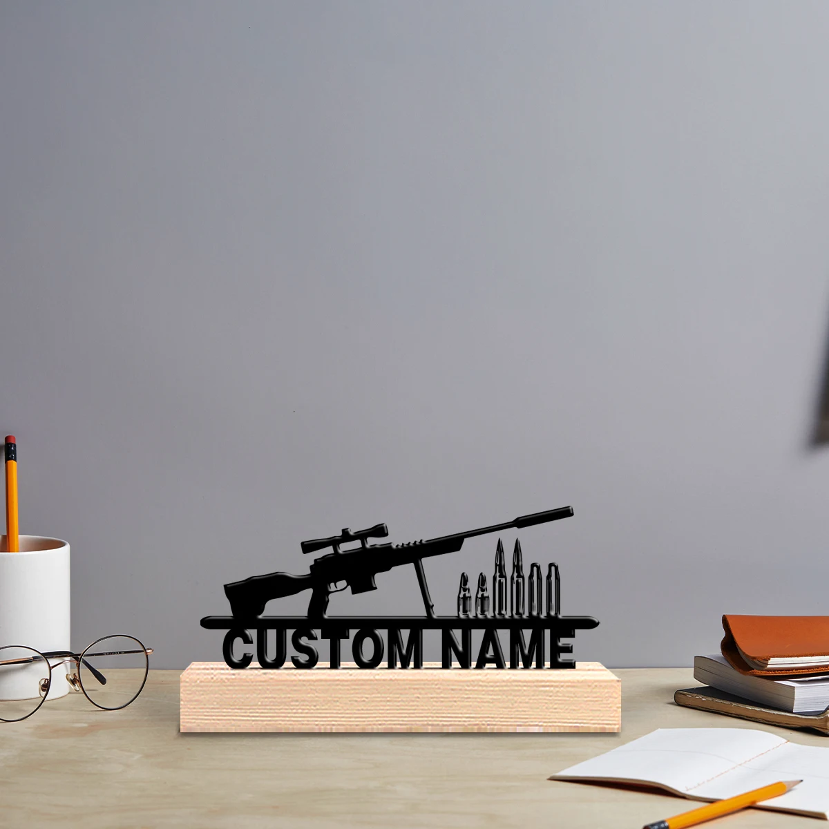 1pc Sniper rifle Customized Name Tin Statue Iron Ornament Tin Sculpture With Wood Base Tin Sculpture With Wood Base