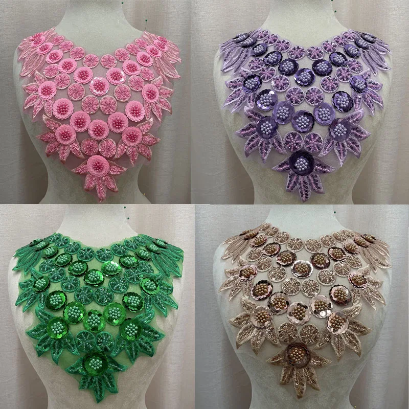 Mesh-Boden, Perlenrohr, Paillettenperlen, handgenähte goldene Stoffapplikation, Spitzen-Bekleidungszubehör