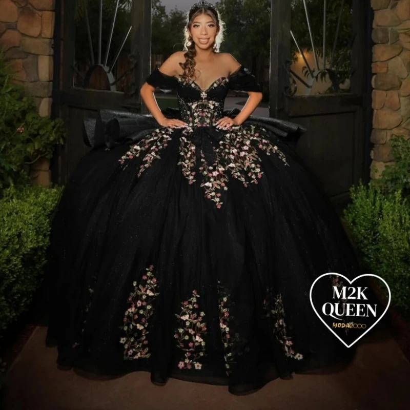 

Черные блестящие платья Quinceanera с открытыми плечами и аппликацией из кружева и бусин, тюлевое платье для вечеринки, дня рождения, сладкое платье 16, Vestidos 15 De Anos