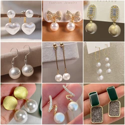 Elegant Imitation Pearl Earrings for Women Geometry Square Round Crystal Bow Love Heart Earrings Long Fashion Cute Jewelry Gift