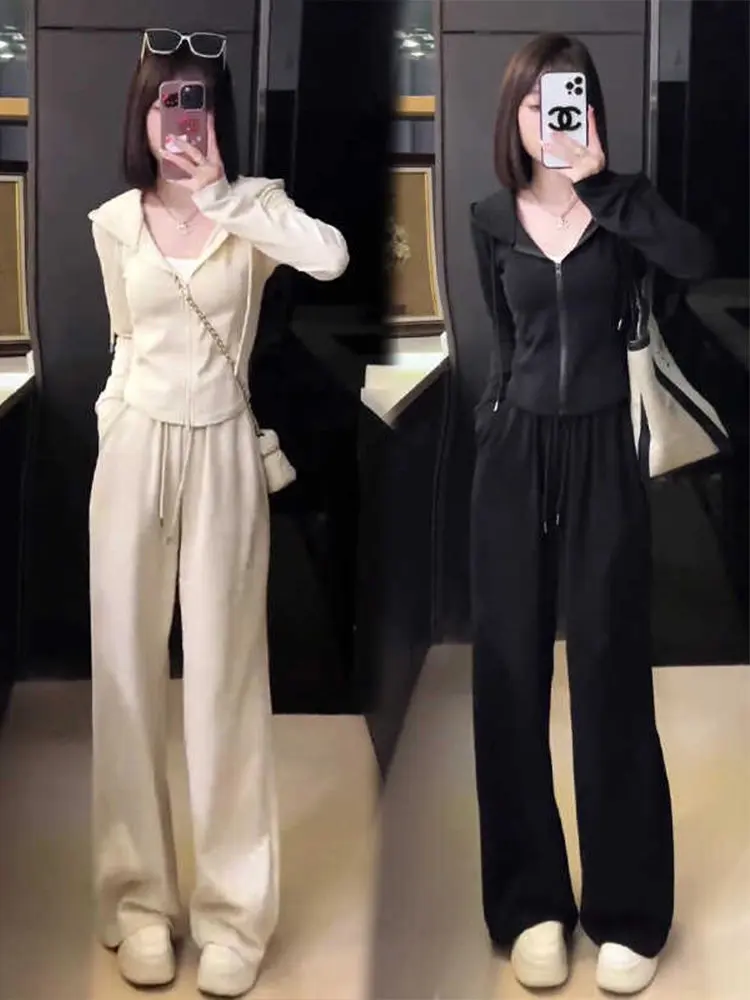 

Spring 2026 Women's Spor Zipper Slim Fit Hooded Cardigan And Wide Leg Pants Two Piece Set Casual Comfortable High Waist