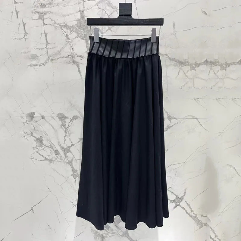 Women's Casual and Versatile Midi Skirt, Leather-Panel Skirt, High-Quality Pleated Work Skirt, 2026, New Arrival, Y2K