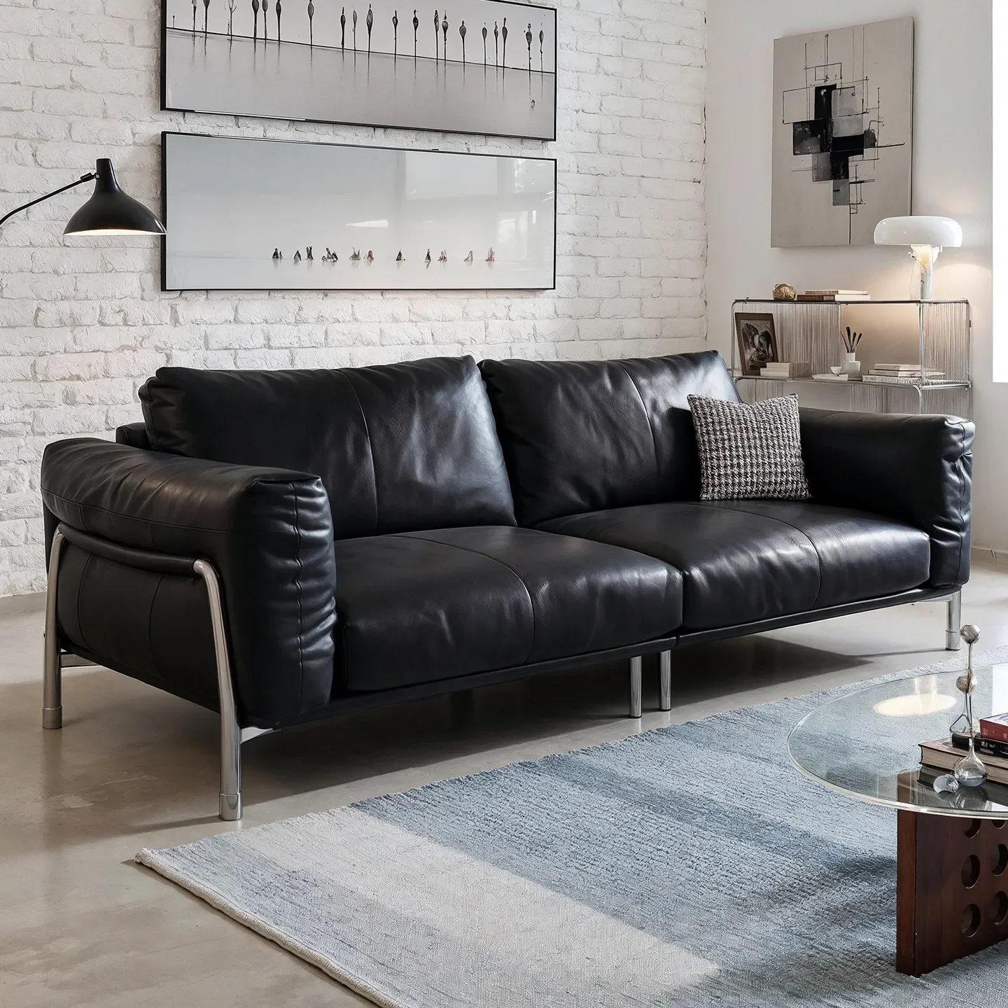 yjq retro, medieval small apartment living room first layer cowhide straight row sofa