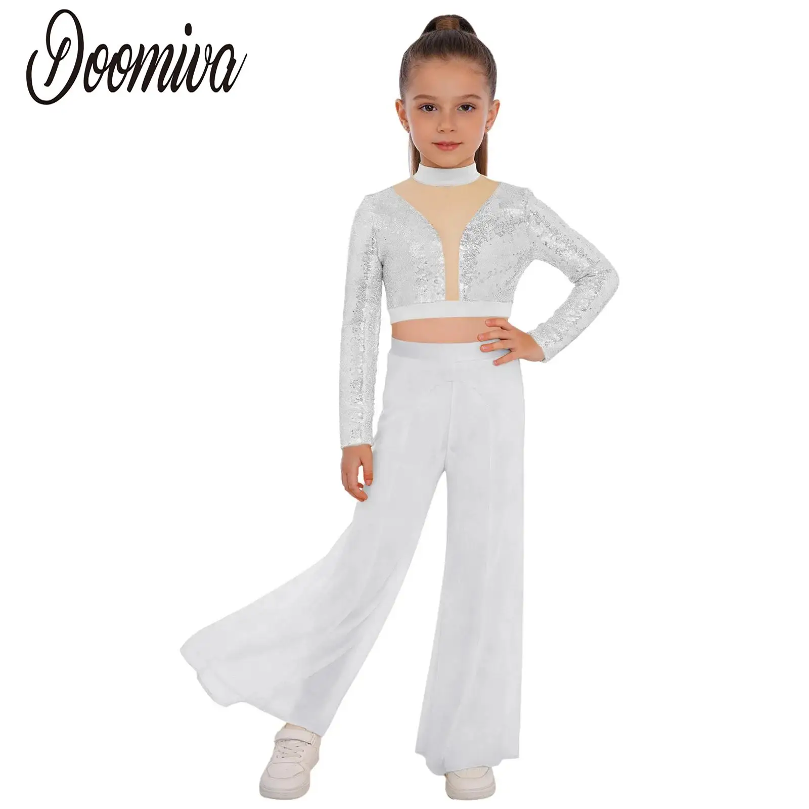 

Kids Girls Lyrical Jazz Dance Performance Costume Outfit Long Sleeve Sequins Crop Top with Pants Modern Cheerleader Dancewear