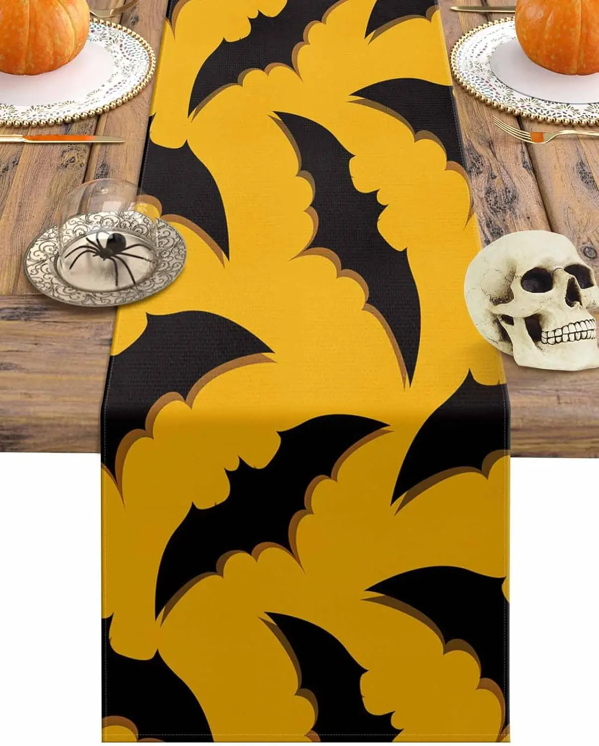 Halloween Black Bats Yellow Linen Table Runner Party Decor Reusable Farmhouse Kitchen Dining Table Runner Halloween Decorations