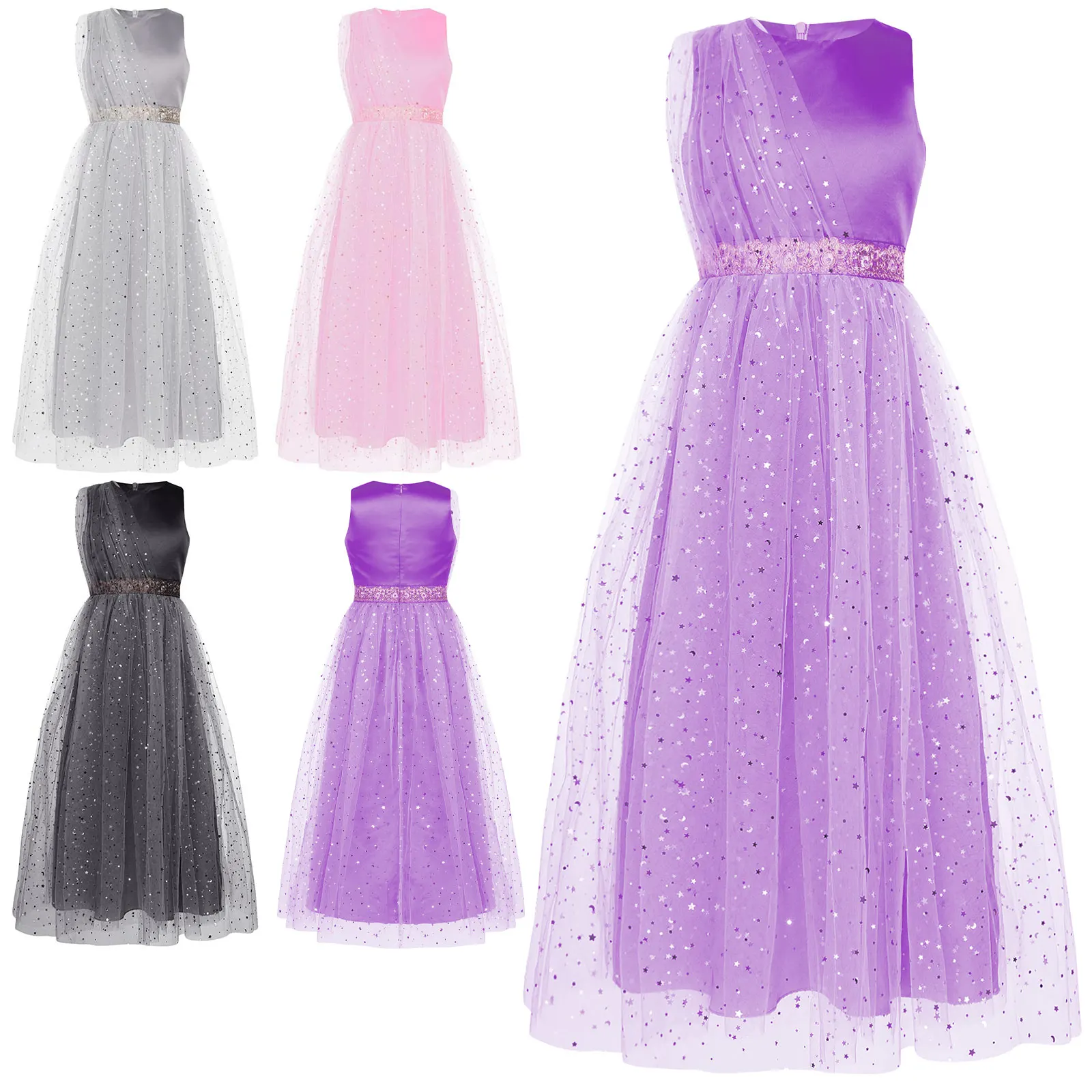 Girls Shiny Sequined Wedding Dress Sleeveless Tulle Dress Flower Girl Dresses for Birthday Parties Cocktails Christmas Ball Gown