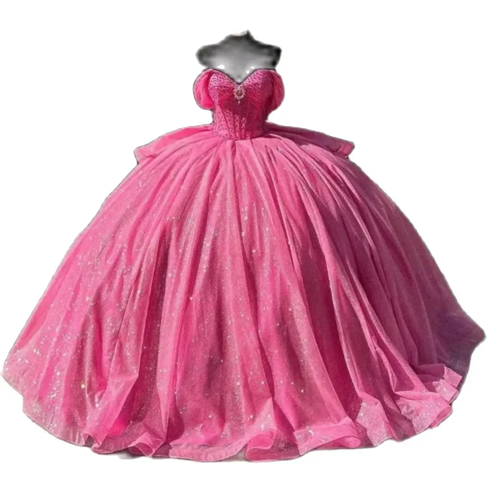 Vestido De quinceañera rojo sandía, cuentas brillantes, lazo De cristal, Princesa, fiesta De cumpleaños, Vestido De baile sin hombros, 15