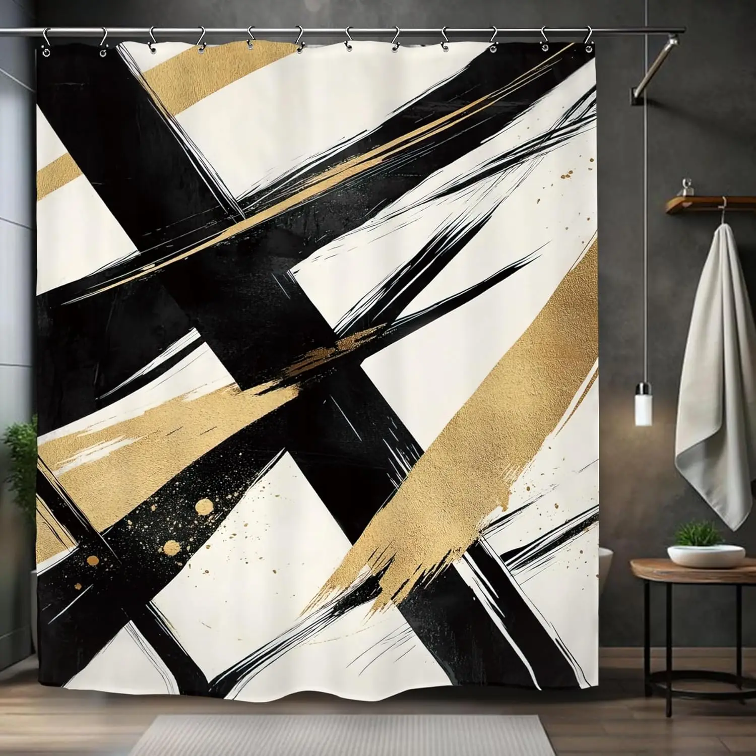 

Abstract Black Gold White Brushstroke Shower Curtain 72x72 Inches Modern Artistic Bathroom Decor With Elegant Geometric Design