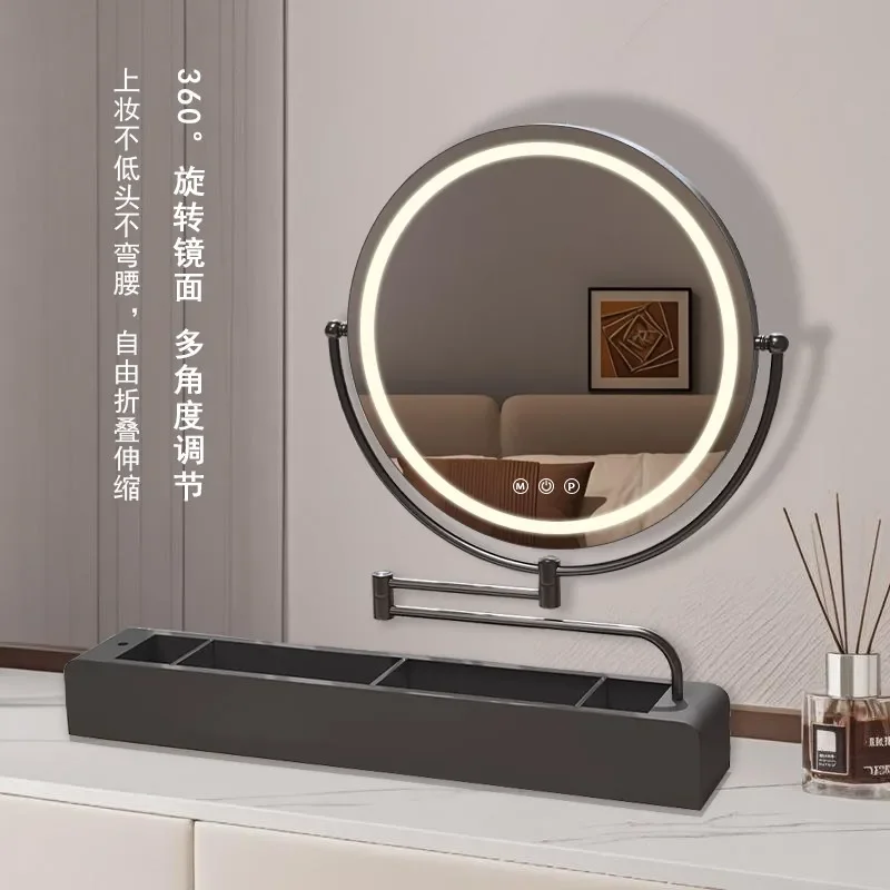 Large Desktop Rechargeable Vanity Mirror Makeup Mirror Vertical Touch Screen LED Tri-Color Rotatable Storage Mirror