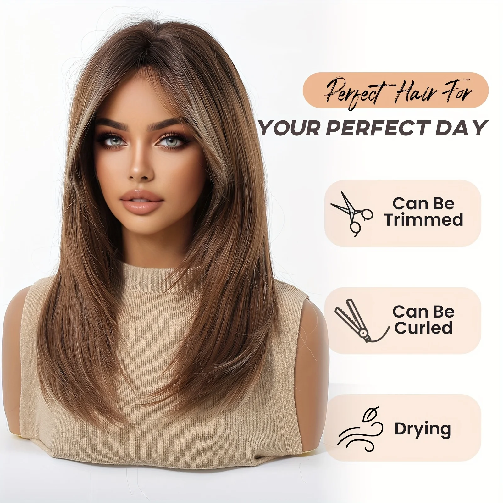 16-Inch coffee brown linen gold highlights women's figure-eight bangs fluffy high-level long straight hair rose mesh cap high te
