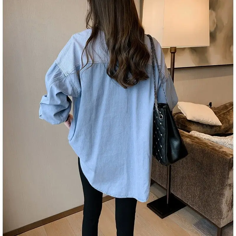 Korean Spring Autumn Female Clothing Striped Printed Denim Shirt Fashion Turn-down Collar Button Pockets Long Sleeve Mid Blouses