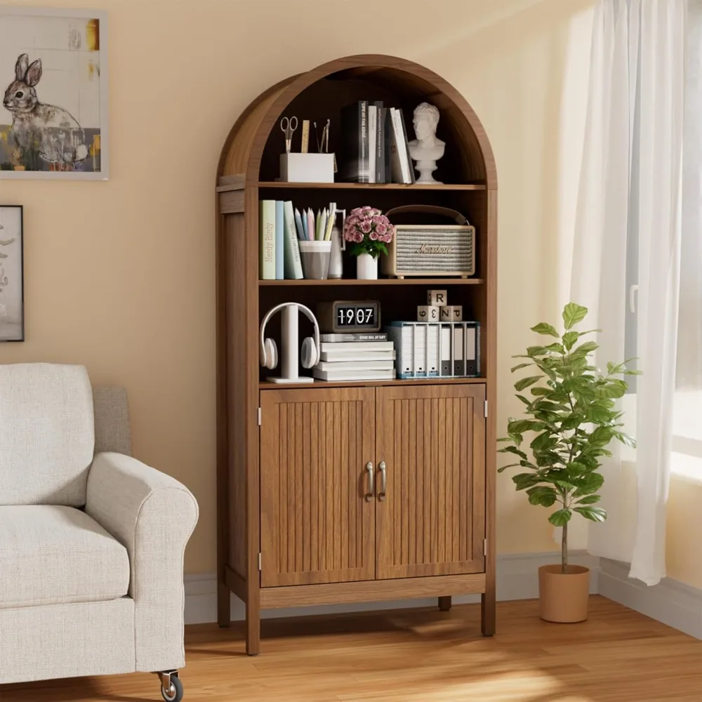 

Mid-Century Modern 5-Tier Arched Fluted Door Wooden Bookcase Storage Cabinet