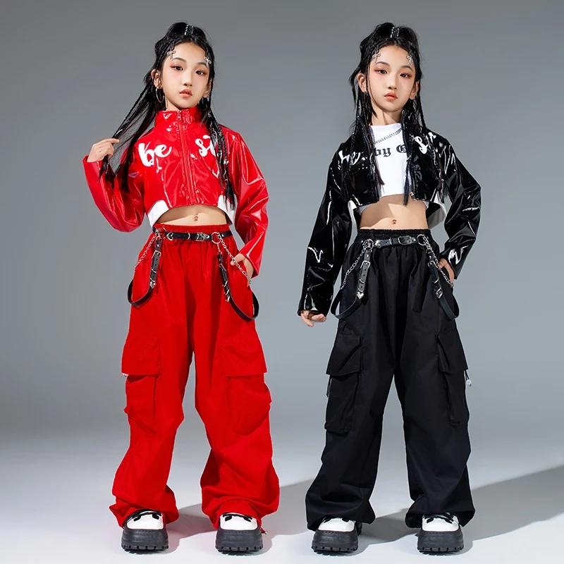 Girls Hip Hop Dance Costume Children Street Moden Dance Wear Kid Jazz Kpop Stage Clothing Red Jacket Black Cargo Pants VDL2169
