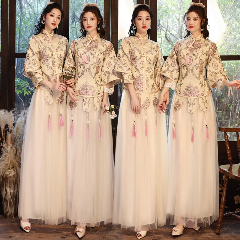 

Chinese Style Xiuhe Bridesmaid Dress 2023 New Champagne Cheongsam Women Group Sister Clothing Plus Size Qipao Party Dress Sets