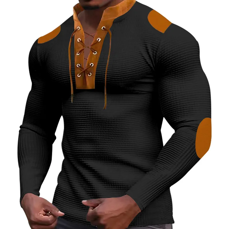 Cross-border new men\'s waffle color matching strap V-neck top casual long-sleeved bottoming T-shirt