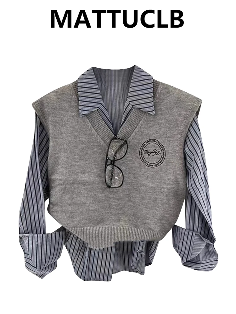 Autumn Winter Long Sleeve Shirt Two Piece Sets Design Preppy Vintage Blouse + Knit Vest 2000s Aesthetic Korean Fashion Shoujo