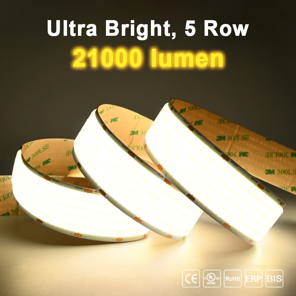 Ultra Bright COB LED Strip Light 4300 lumen/m High Density 1600LEDs/m Flexible Dimmable RA90 Led Lighting 3000K 4000K 6500K 24V