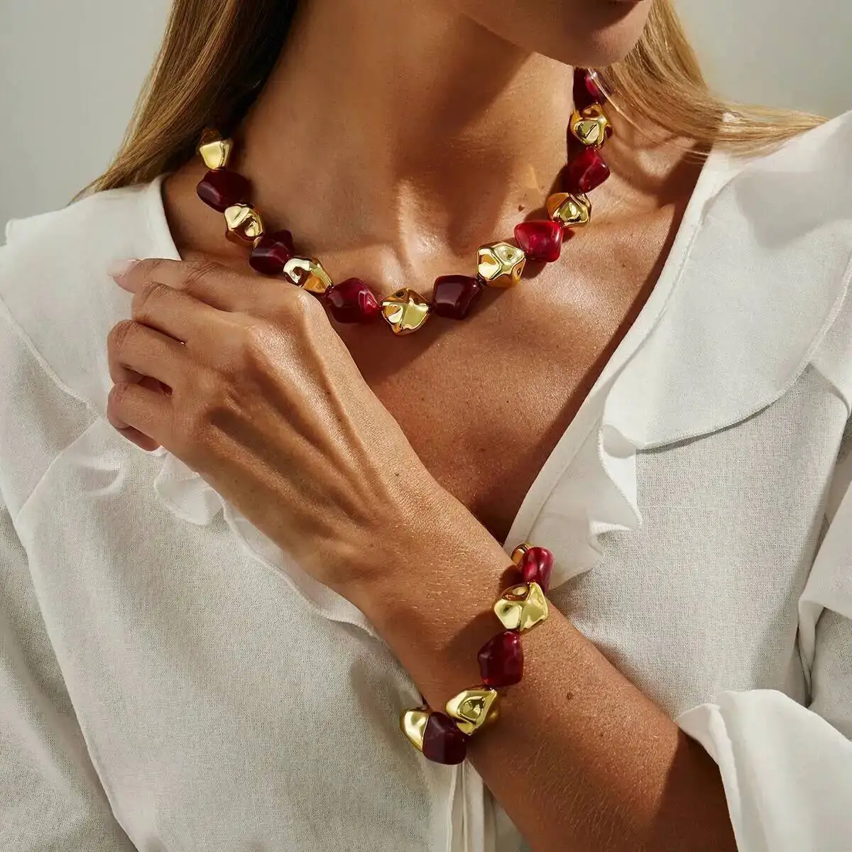 IngeSight.Z Boho Harz Acryl Metall Perlen Halsketten Armbänder Set für Frauen Vintage Elegante Schlüsselbein Halsband Party Schmuck Geschenk
