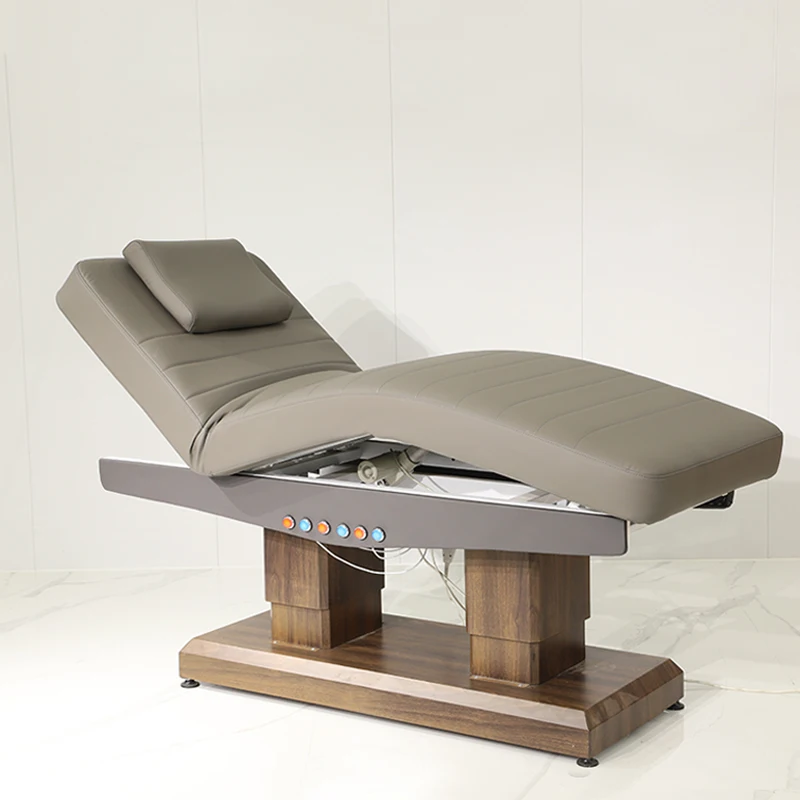 Electric Massage Facial Bed Gray PU Solid Wood Base Side Control Buttons Reclining Cosmetic Beauty Table for Spa Clinic Tattoo S