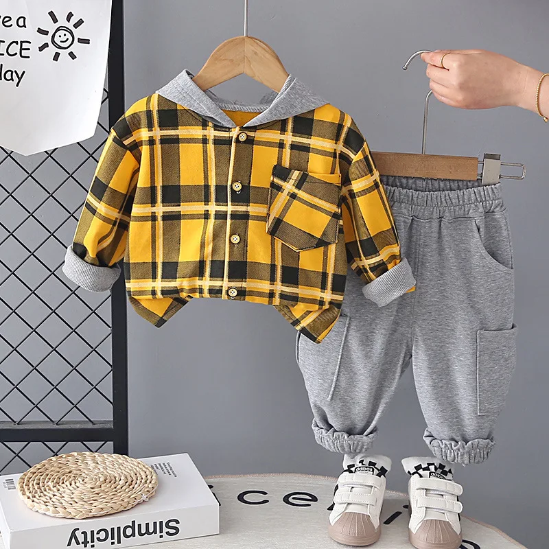 2026 New Spring Hot Sale Toddler Boys 2pcs Set Plaid Hooded Shirt + Jogger Pants Kids Fashion Casual Bestseller Outfits for Boys