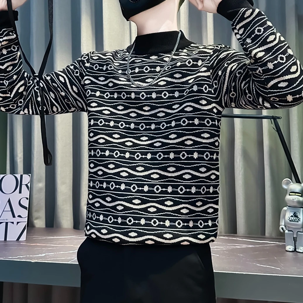 

Autumn Winter Striped Semi High Neck Sweater Men's Long Sleeved Casual Business Knit Sweater Social Street Wear Pullover