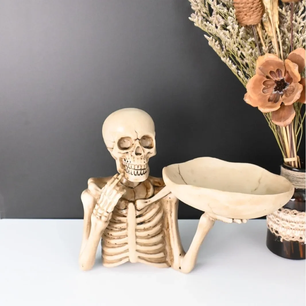 22cm Ghost Skeleton Fruit Candy Key Storage Tray Box Plate Figure Resin Statue Model Halloween Desktop Home Decor Ornament Gift