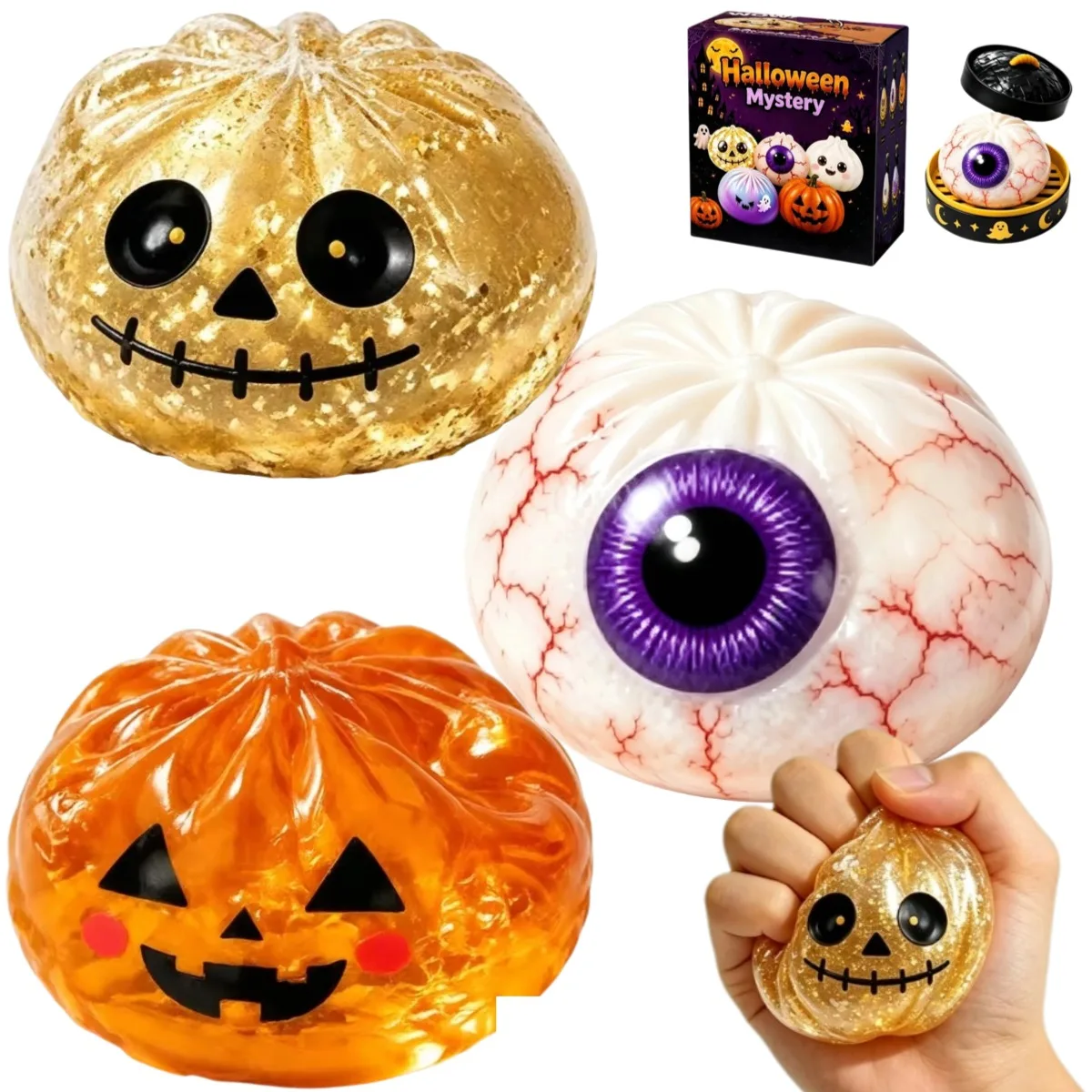 Cute Soft Squishy Dumpling Bun Toy With Halloween Theme Steamed Box,5.5cm Fun Slow Rising Decompression Sensory Squeeze Toy Gift