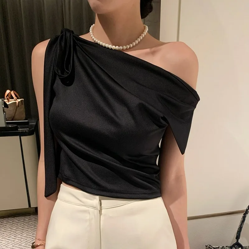 Women's Off-Shoulder Blouse with Bow Detail Elegant Draped Silky Top Pearl Accent Luxury Look Special