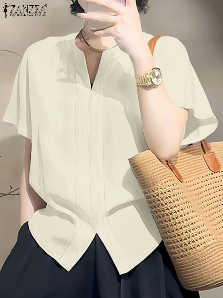 2025年 エレガント オフィスシャツ ZANZEA サマーブラウス レディース Vネック カジュアル 半袖 チュニック トップス おしゃれ 無地 ワーク OL ブラウス