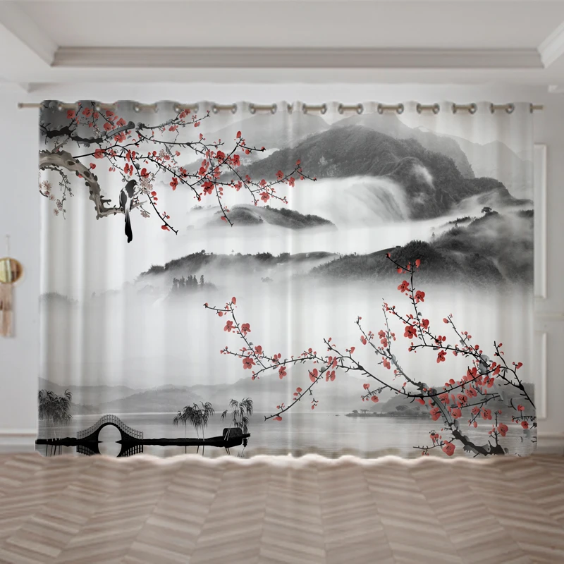 

New Chinese River Mountain Landscape Painting Curtain For Bedroom Living Room Floor Window cortinas Blinds Drape 2panels