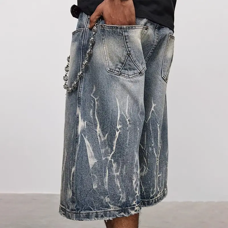 

Pants Men Tie Flower Denim Shorts Men Summer Loose High Street Retro Handsome Cropped Pants