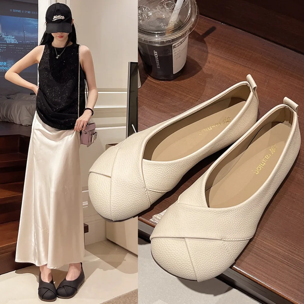Skin Friendly Soft Leather Cross Front Ballet Flats Ladies Comfort Slip On Flat Shoes Daily Wear Office Dress Shoes
