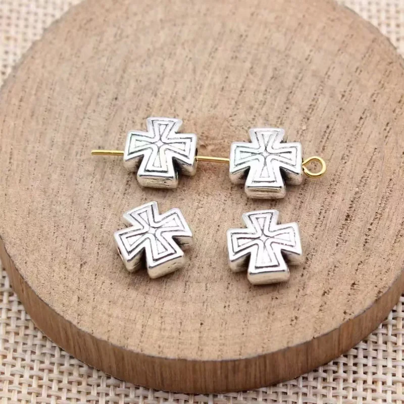 WKOUD 10pcs Silver Plated 2mm 3D Small Hole Beads Crosses Charm Religious Necklace Bracelet DIY Metal Jewelry Accessories10mm