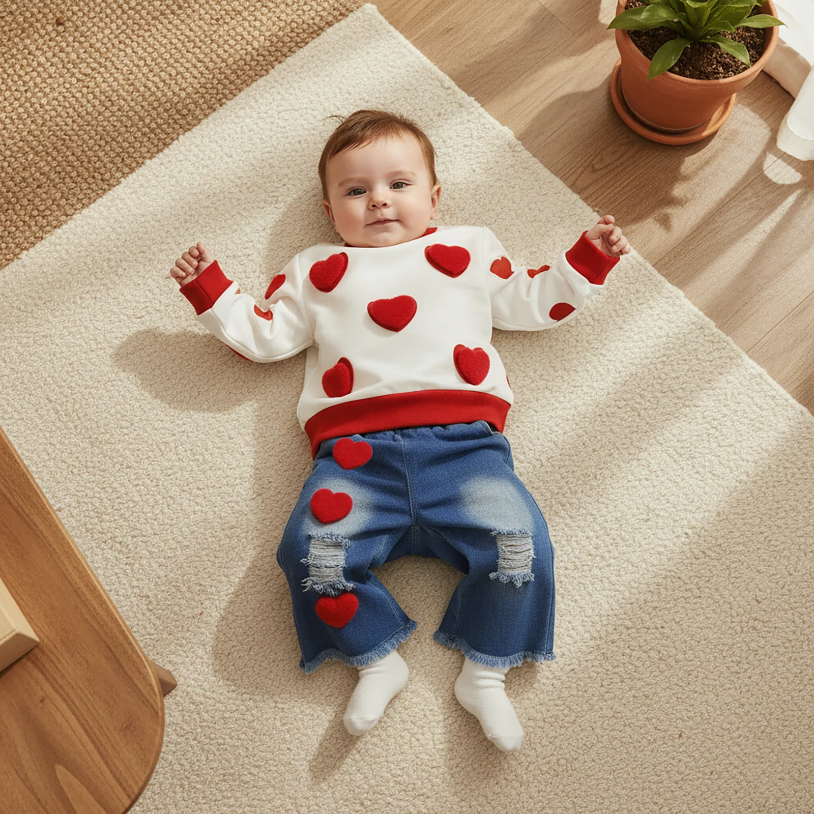 Little Girls Valentine's Day Outfit Heart Long Sleeve Sweatshirt Tops and Ripped Jeans 2 Piece Spring Fall Set