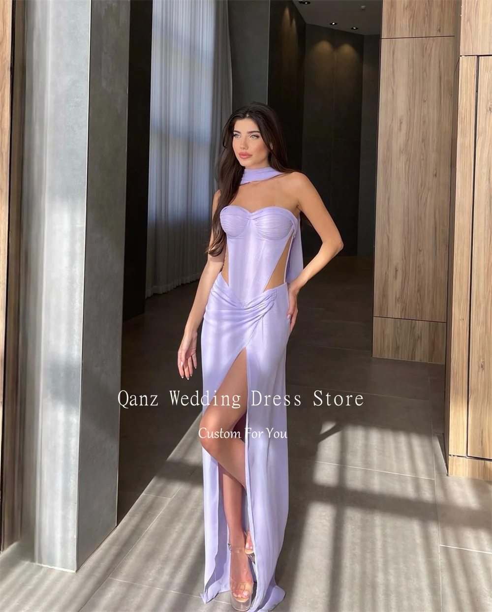 Qanz Lilac Sexy Evening Dresses Strapless Customized High Slit Prom Dress Lace Up Back Vestido De Festas Elegante Casamento 2025