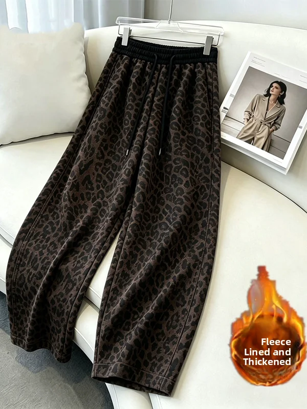 High Waist Wide Leg Banana Pants Women's Autumn Winter Fleece Lined Wool Blend Leopard Print Casual Pants Asymmetrical Hem