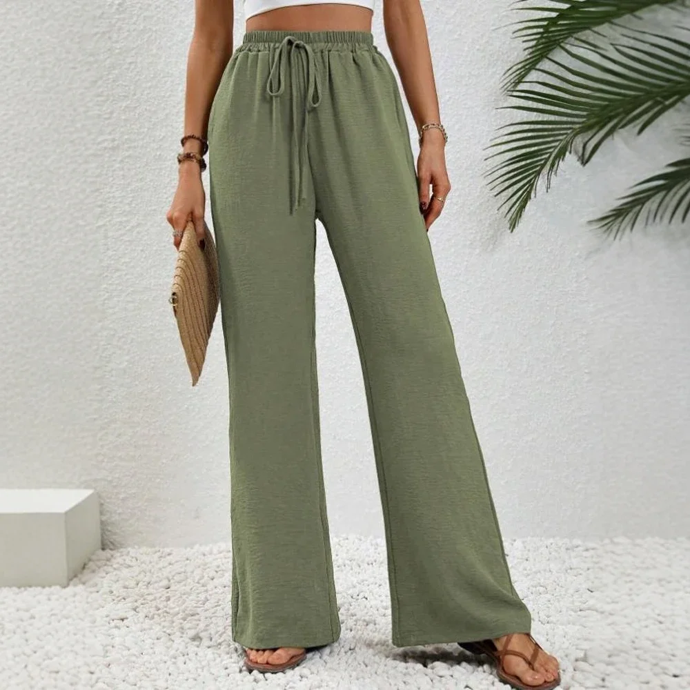 السراويل النسائية الصيف K-Fashion عارضة الدانتيل متابعة كامل طول عالية الخصر مرونة الخصر واسعة الساق السراويل الأساسية اليومية #6